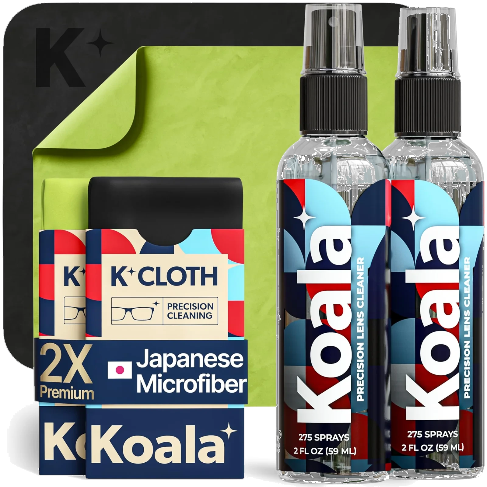 Two Koala Lens Cleaner spray bottles, 2 fl oz (59 ml), 275 sprays each, with two K-Cloth Japanese microfiber cartons and cloths