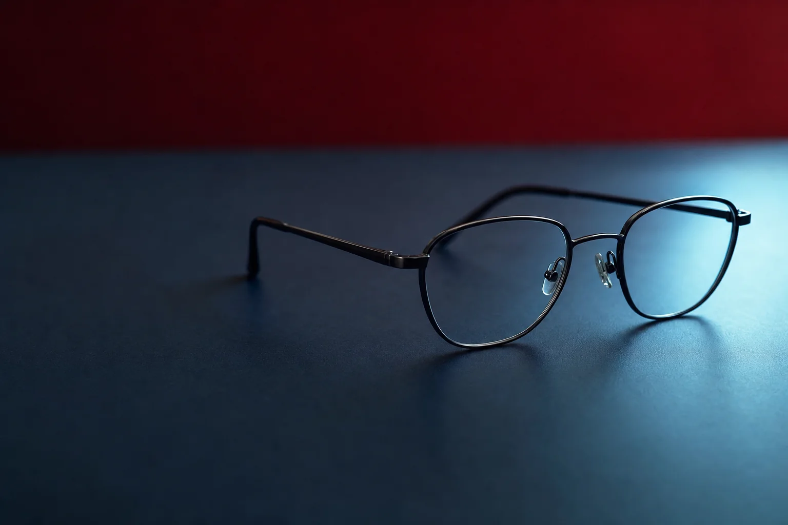 Clear-lens eyeglasses resting on a navy desk
